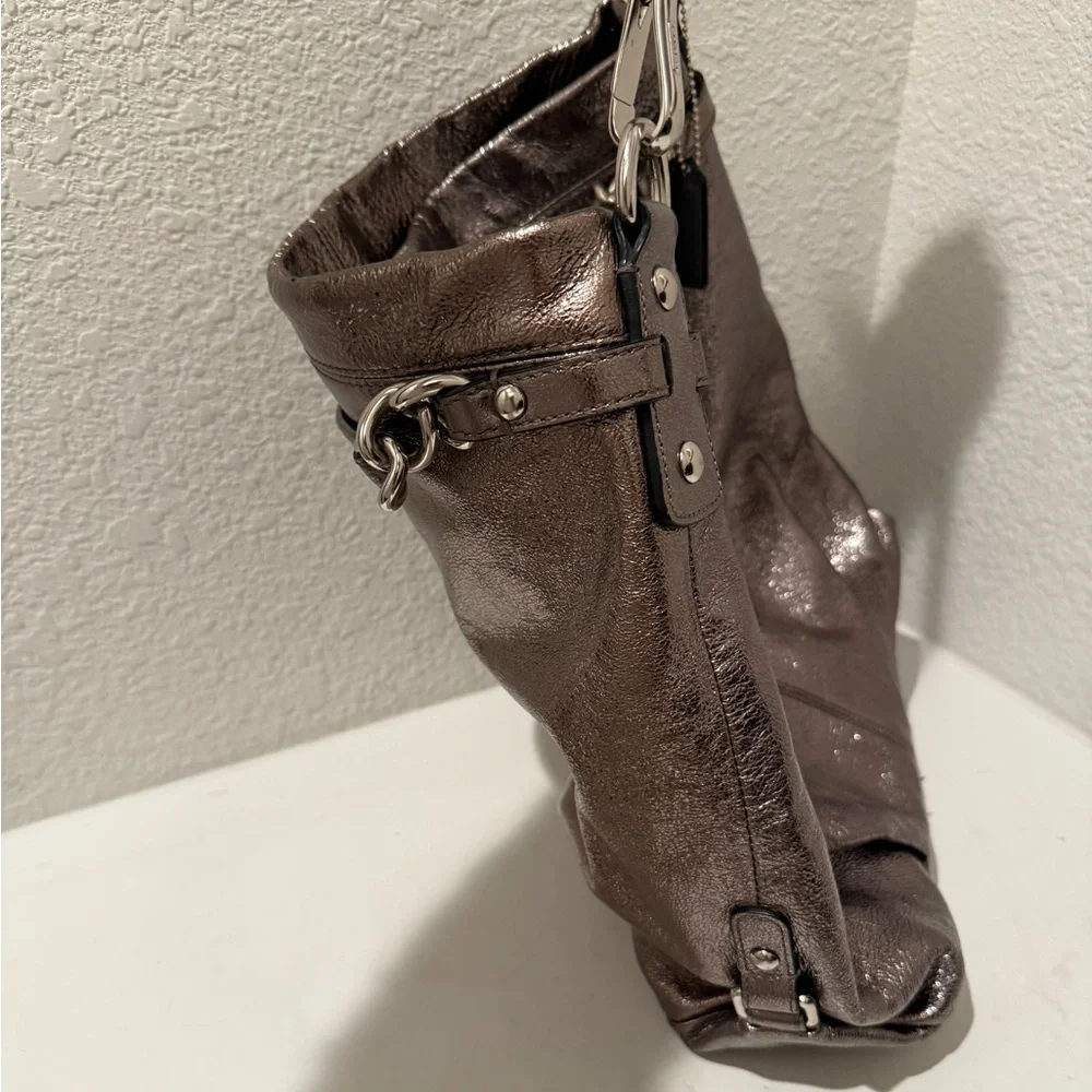 COACH Brooke Large Leather Metallic Gunmetal Silver Hobo Slouchy Bag F16618